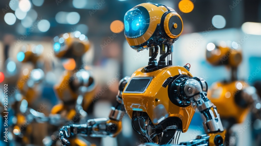 Poster An array of robotic figures with sleek designs and glowing features is displayed at a technology convention, attracting attention from attendees in a vibrant atmosphere.