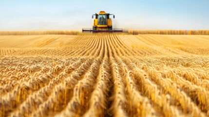 Obraz premium A vast and golden wheat field stretches out as far as the eye can see during the height of the harvest season In the distance a tractor is hard at work expertly navigating the rows of ripe