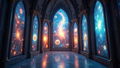 Fototapeta premium An interstellar cathedral floating in space, with stained glass windows portraying cosmic interpretations of religious scenes, blending spirituality with the infinite expanse of the universe.