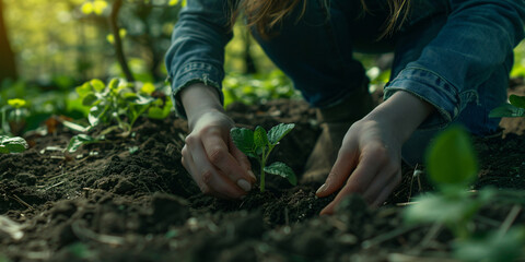 Naklejka premium A close-up view of a gardener's hands carefully planting a seedling into the rich soil.