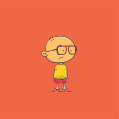 Cartoon character with glasses and red shirt, orange background.
