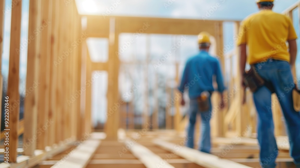 Aufkleber framing construction with carpenters building residential house structure in a workshop or construct