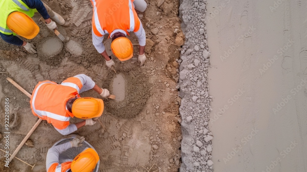 Poster a construction site with workers digging pouring concrete and using heavy machinery like concrete mi