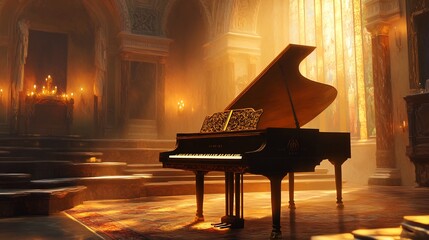 Grand Piano in a Luxurious, Sunlit Cathedral