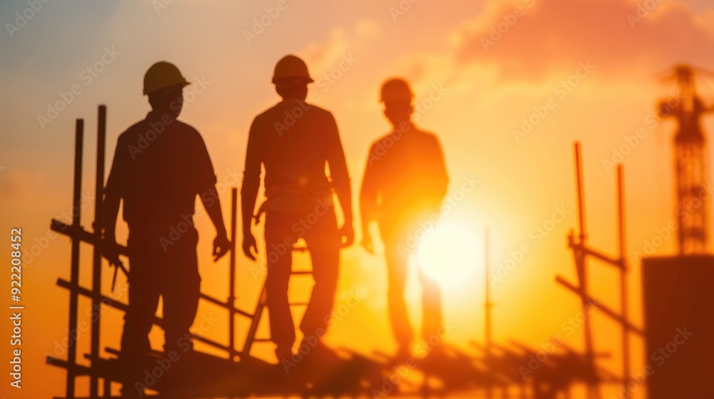 Poster silhouetted carpenters working together to build a new structure with framing against a vibrant suns