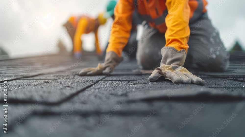 Poster detailed view of roofers securing shingles on a home roofing installation project with workers weari