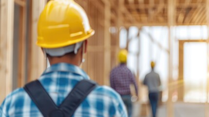 Carpenters Constructing Wooden Frame Structure with Detailed Craftsmanship and Deep Depth of Field Showcasing the Construction Process and Workspace