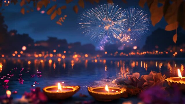 Diwali night with floating lanterns and fireworks, serene celebration by the water, Indian festival of lights with spiritual ambiance