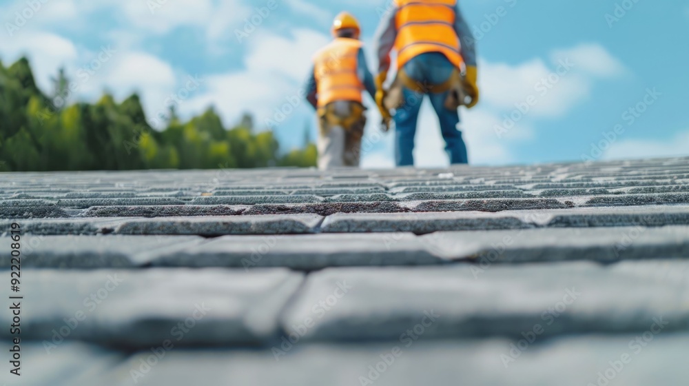 Poster two roofers working together to secure shingles on the roof of a home under construction with a deep