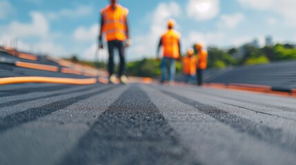 A team of professional roofers carefully securing shingles on a residential roof in a focused depth of field setting
