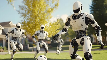 Robots Engaging in a Friendly Soccer Match Outdoors