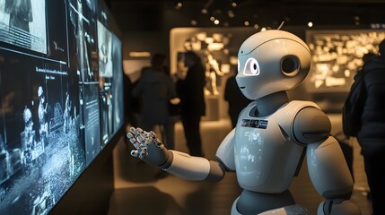 Fototapeta premium Humanoid Robot Exploring a Museum with Interactive Display
