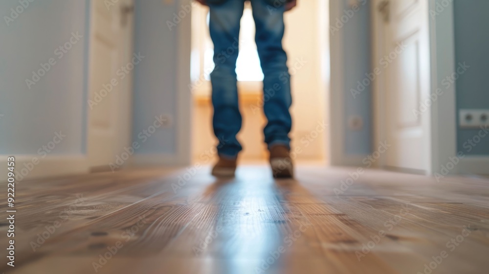 Poster carpenters carefully installing new doors in a wooden corridor with a deep depth of field showcasing