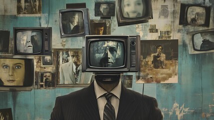 A Man With a Television for a Head in a Room Filled With Images