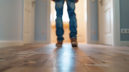 Fototapeta premium Carpenters carefully installing new doors in a wooden corridor with a deep depth of field showcasing their professional expertise and attention to detail during a home or building renovation project