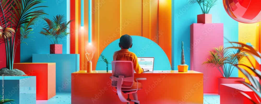 Poster modern workspace with desktop computer surrounded by vibrant plants and creative elements