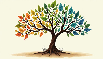 Obraz premium An imaginative tree illustration with leaves shaped like various religious symbols, representing the diversity and interconnectedness of global faiths.