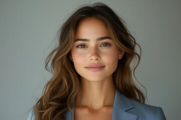 Fototapeta premium confident businesswoman in powder blue suit exuding elegance and authority soft studio lighting enhances her warm smile professional headshot with clean white background