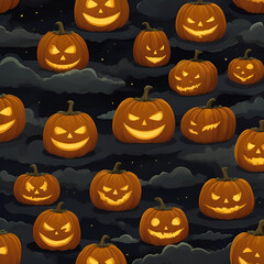 Sinister Pumpkin Patch Under Dark Sky with Carved Faces and Glowing Pumpkins