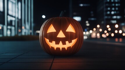 Fototapeta premium Augmented reality pumpkin parade, glowing digital decorations, high-tech festivity