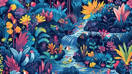 Fototapeta premium A lively jungle scene with a winding stream, bright flowers, and various plants creates a peaceful atmosphere at twilight
