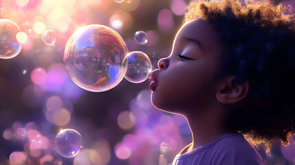 child blowing soap bubbles