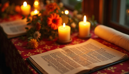 A festive Shavuot table adorned with candles and flowers, symbolizing the joyous Jewish tradition of receiving the Torah, set in a warm, inviting scene.