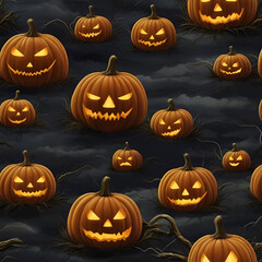 Sinister Pumpkin Patch Under Dark Sky with Carved Faces and Glowing Pumpkins