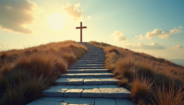 A winding path with stairs leading to a Christian cross on a hill, symbolizing faith, hope, and the spiritual journey, perfect for religious events.