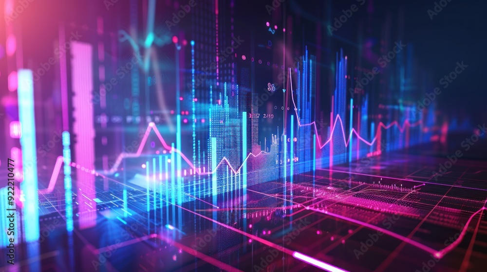 Poster digital data visualization with glowing lines and graphs