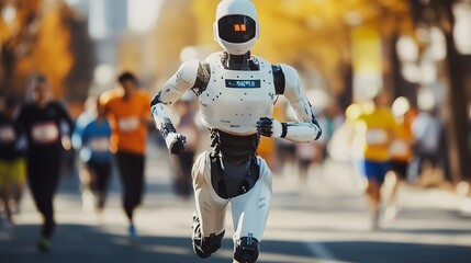 Futuristic Robot Running in a City Marathon Event