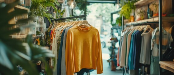 A cozy boutique interior showcasing colorful clothing on racks with lush greenery, inviting customers to explore unique fashion.