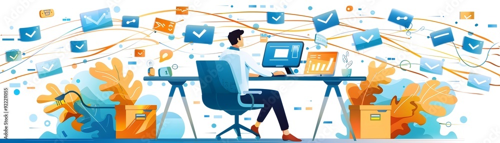Poster man working at desk with check mark icons