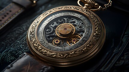Steampunk pocket watch, intricate brass gears, antique patina, leather strap, Victorian-inspired design, warm copper tones, studio product photography.