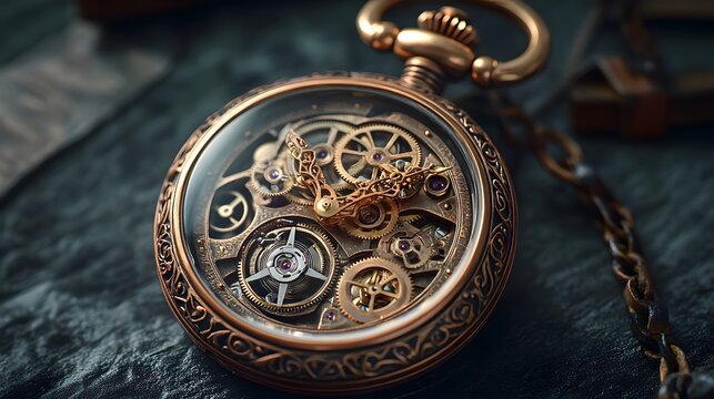 Steampunk pocket watch, intricate brass gears, antique patina, leather strap, Victorian-inspired design, warm copper tones, studio product photography.