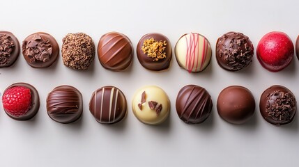 chocolates lined up against a simple background. The lighting and the image make it look bright.