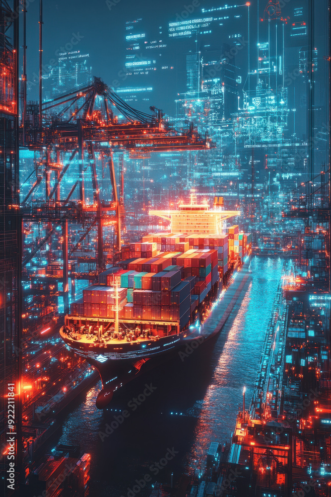 Poster blockchain integration, in a cybernetic harbor, a 3d hologram of a cargo ship floats, supported by a