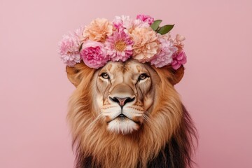Majestic lion wearing vibrant flower crown on pink background