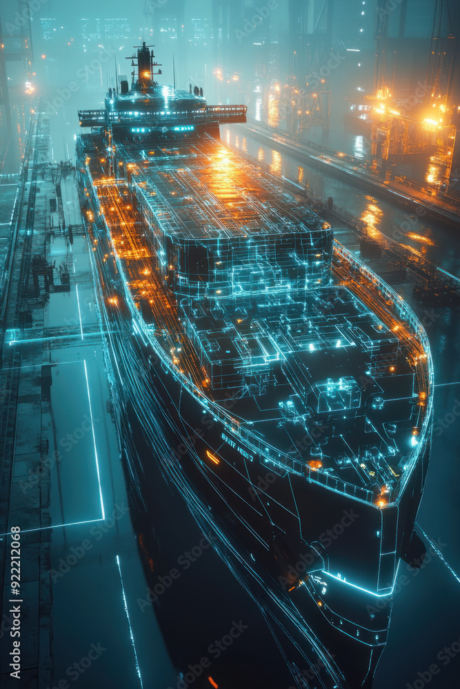 Aufkleber blockchain integration, a futuristic cargo ship rendered as a hologram is displayed at a virtual doc