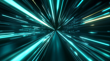 Light speed, green light beams, abstract motion blur background, rapidly passing light rays, cosmic rays