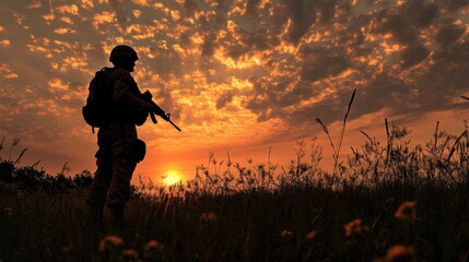 Obraz premium A silhouette of a soldier with a gun in a golden sunset 