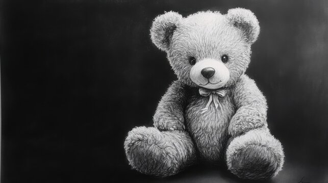 A teddy bear drawing sketch, black and white.