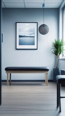 Fototapeta premium A modern waiting area featuring a sleek bench, framed art, and indoor plants, perfect for creating a calm atmosphere.