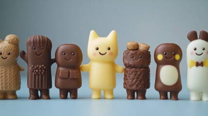 various chocolate cartoon characters standing and playing happily on a simple background.