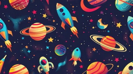 A vibrant illustration depicts various planets, rockets, and stars set against a dark cosmic background