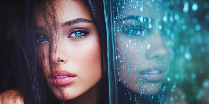 Reflective gaze of young woman on rainy day