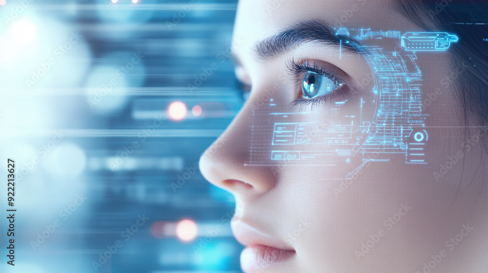 Poster ai face recognition, a close-up of a young woman's face, adorned with an organized wireframe display