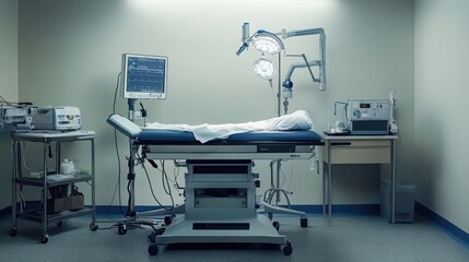 A sterile medical room featuring an examination table, diagnostic equipment, and essential tools for healthcare professionals.