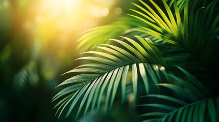 Vibrant palm leaves, macro photography, bright sunlight filtering through, translucent green foliage, crisp detail, overlapping fronds, natural patterns, high contrast, tropical aesthetic.