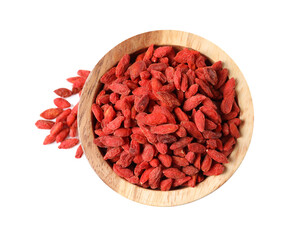 Dried goji berries in wooden bowl isolated on white, top view